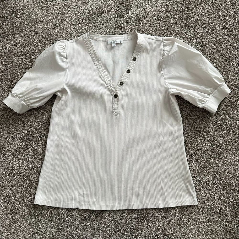 Chico's Womens Size 3 XL White Ribbed Knit Top Puff Sleeve